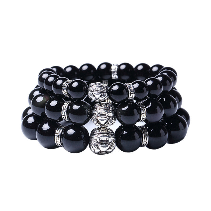 Obsidian Pixiu Armband schwarze Perlen Segen elastisch Naturstein