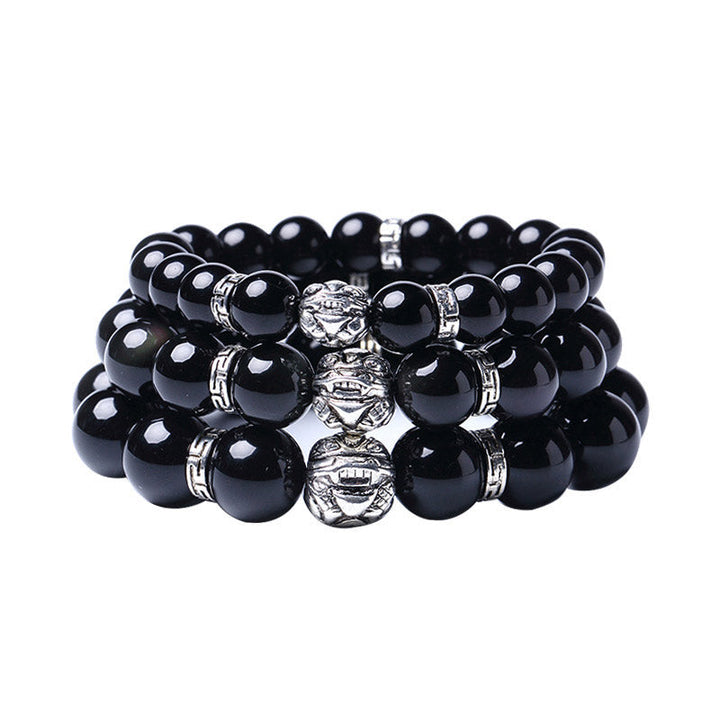Obsidian Pixiu Armband schwarze Perlen Segen elastisch Naturstein