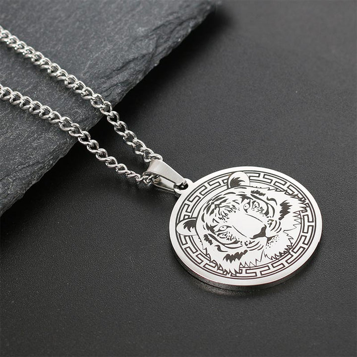 Kette Titanstahl Tier-Amulett Schutz Tiger Medaillon silber
