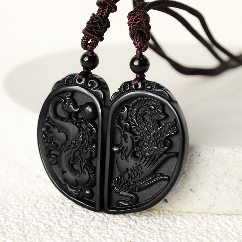 Kette schwarzer Obsidian Drachen Phönix Schutz Partneranhänger