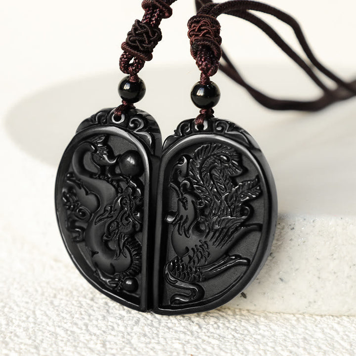 Kette schwarzer Obsidian Drachen Phönix Schutz Partneranhänger