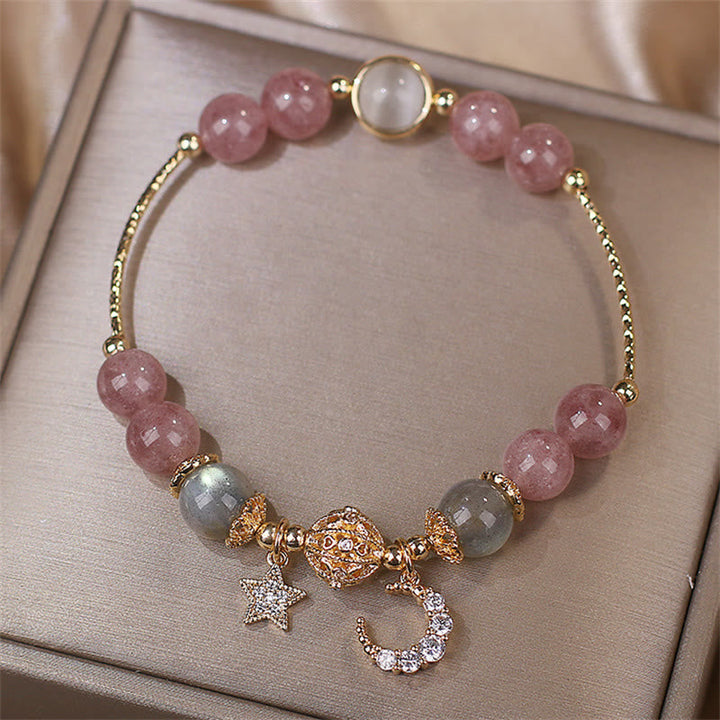 Armband Erdbeerquarz Mondstein mit Stern Anhänger gold elegant