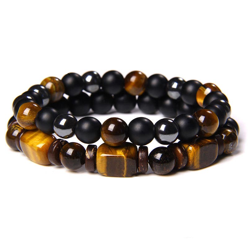 Armband Tigerauge Hämatit – Mut elastisch Naturstein Perlen schwarz gold