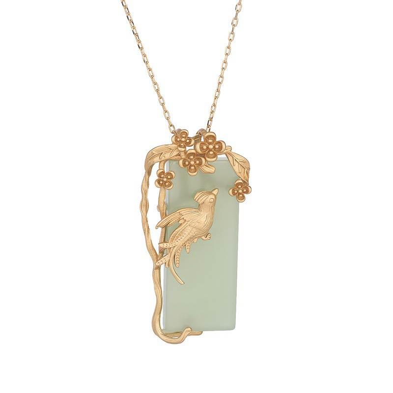Kette Grüner Aventurin Jade Vogel Gold Blumen