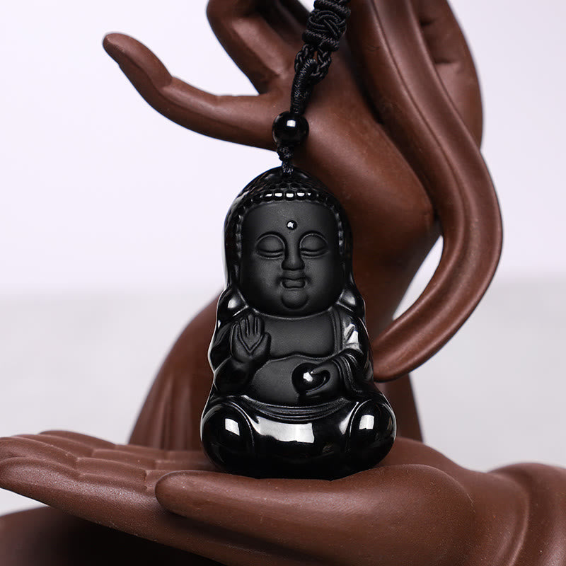 Schwarzer Obsidian Buddha – Stärke & Schutz – Bild 3 – Schwarzer Obsidian Buddha Anhänger an schwarzer Kordel Schutzstein