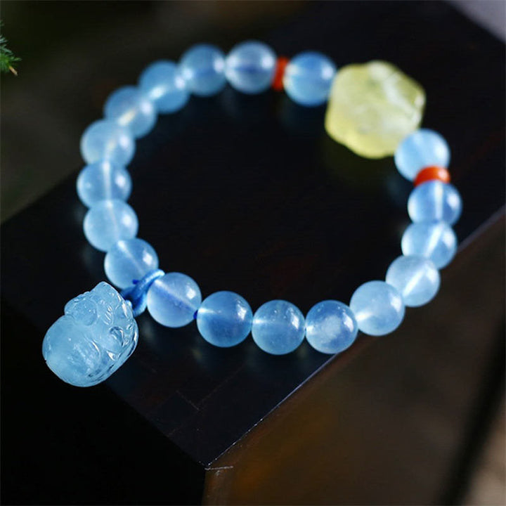 Armband Aquamarin Pixiu Heilung Frieden blaue Perlen Naturstein elastisch