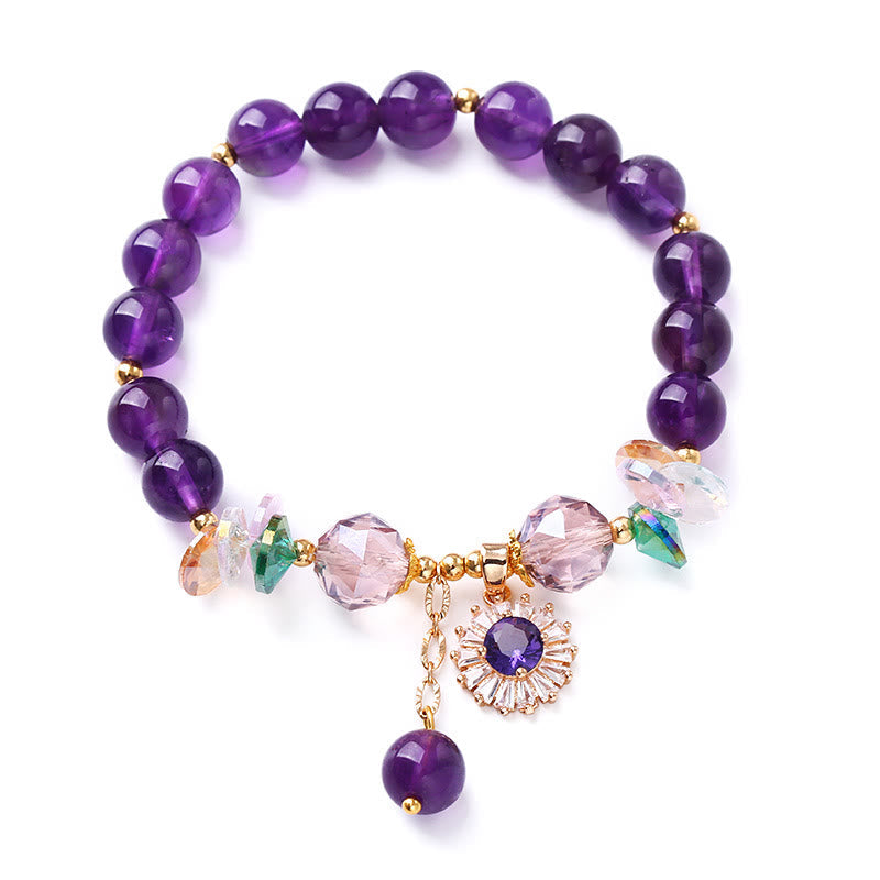 Armband Amethyst – Heilung mit lila Steinen und Blütenanhänger elegant