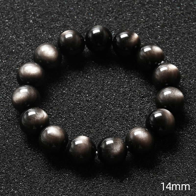 Obsidian Armband Silber Schutz schwarze glänzende Perlen Flachaufnahme vierzehn Millimeter