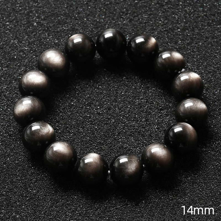 Obsidian Armband Silber Schutz schwarze glänzende Perlen Flachaufnahme vierzehn Millimeter