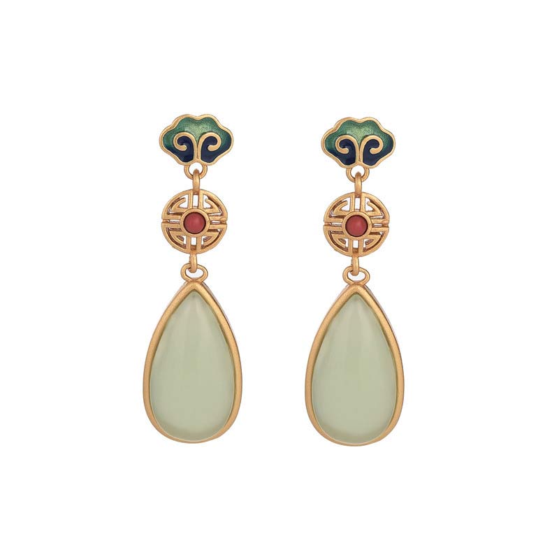Ohrringe Jade Doppeltes Glück Gold Tropfen Emaille Boho Schmuck spirituell