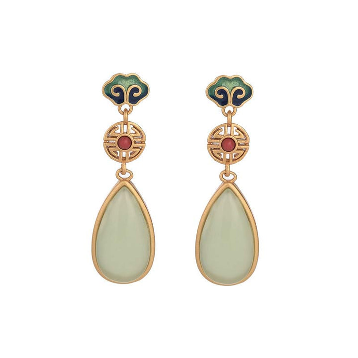 Ohrringe Jade Doppeltes Glück Gold Tropfen Emaille Boho Schmuck spirituell