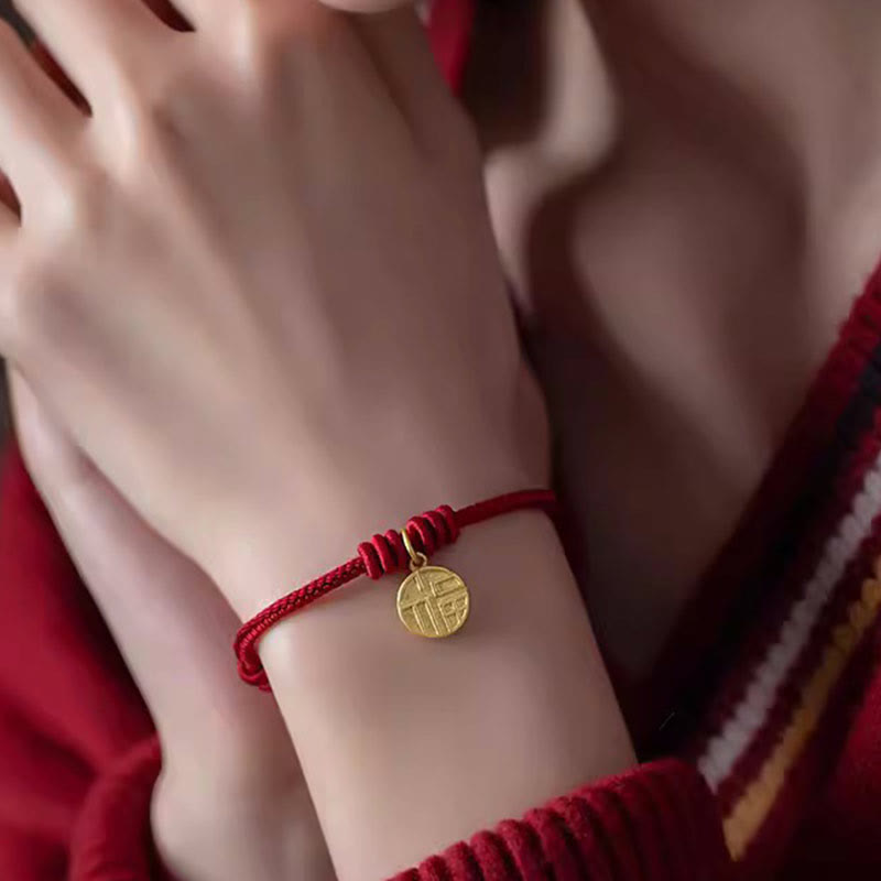 Rotes Armband Fu-Zeichen – Glück & Frieden goldene Münze Handgelenk
