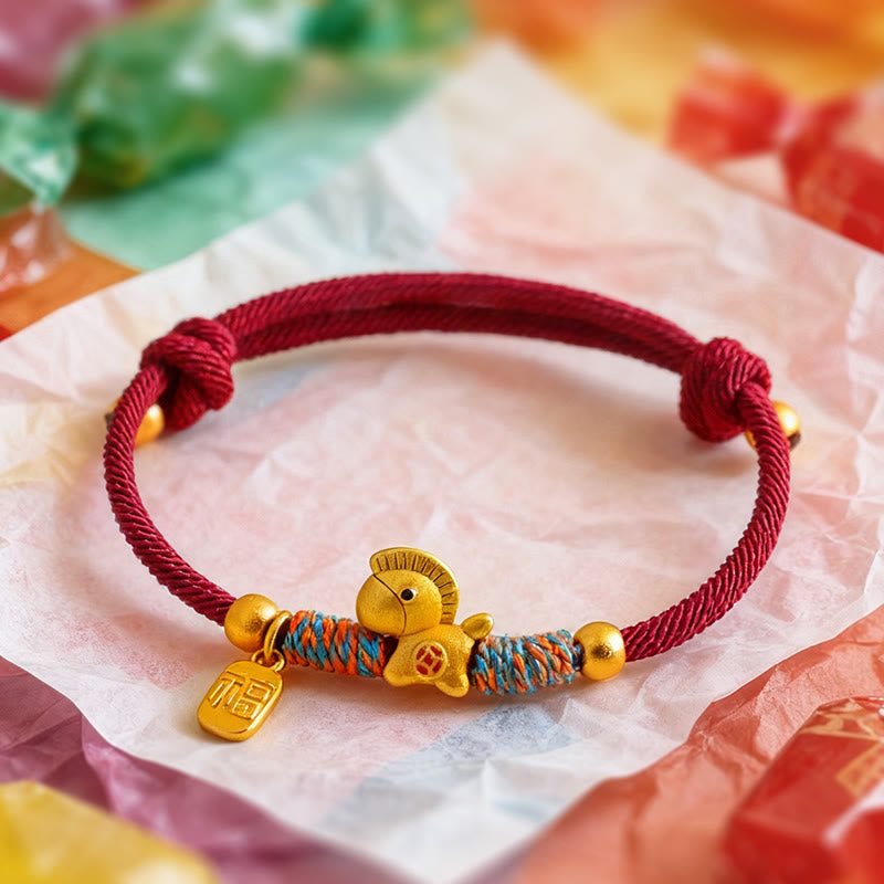 Armband 925 Silber Fu-Zeichen Jahr Des Pferdes rote Kordel Glücksbringer