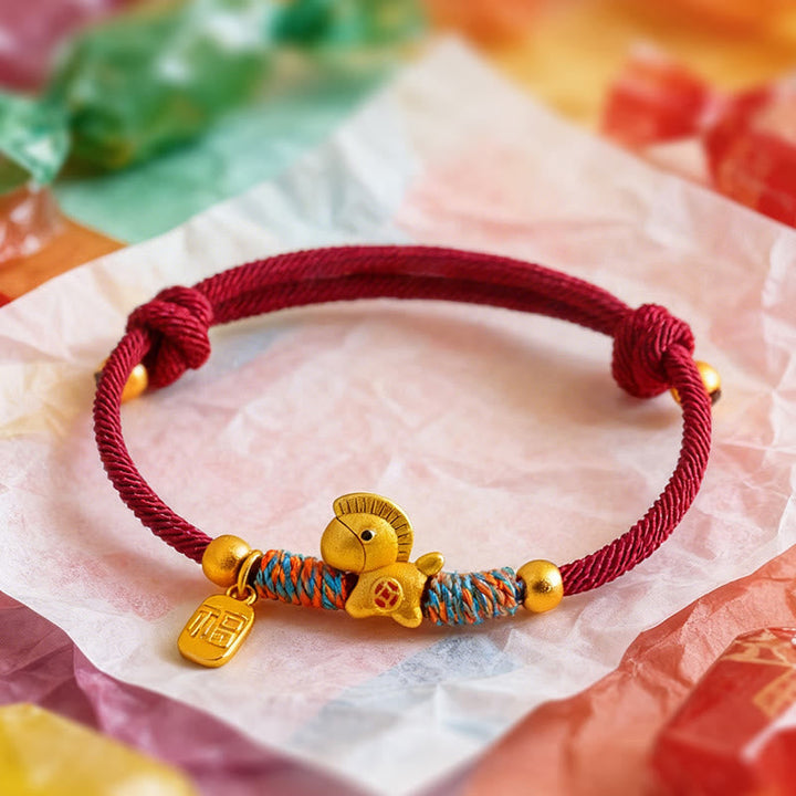 Armband 925 Silber Fu-Zeichen Jahr Des Pferdes rote Kordel Glücksbringer