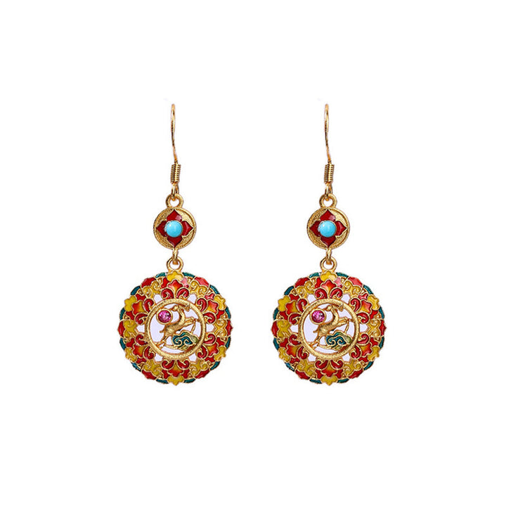 Ohrringe Kupfer Hirsch Dunhuang Cloisonné bunt Boho Ohrhänger spiritueller Schmuck