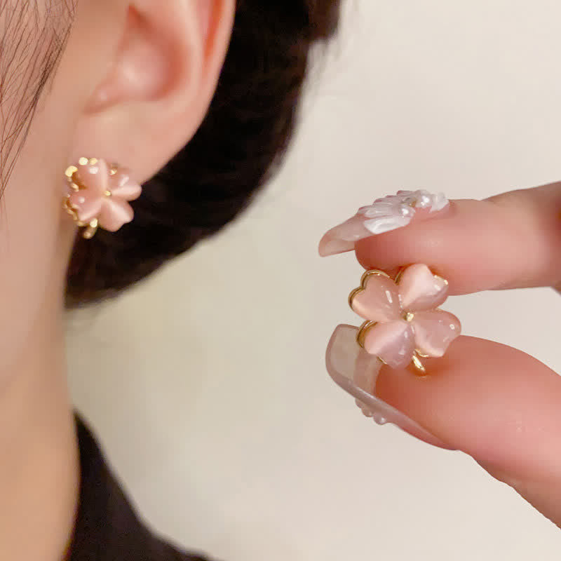 Ohrringe Katzenauge Kleeblatt rosa getragen Boho Schmuck spirituell Ohrstecker
