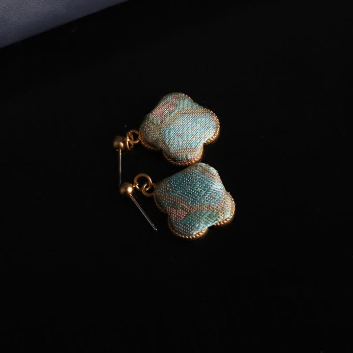 Ohrringe Song-Brokat Blumen türkis gold Stoff Boho Schmuck spirituell