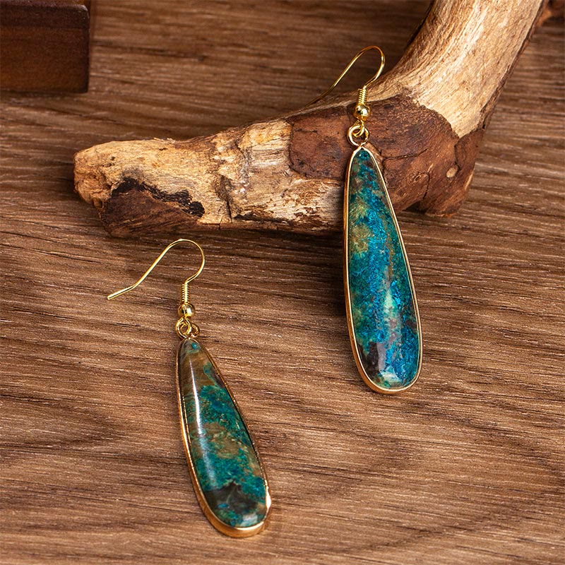Ohrringe Kaiserstein Wassertropfen blau gold Boho Schmuck spirituell Ohrhänger Naturstein