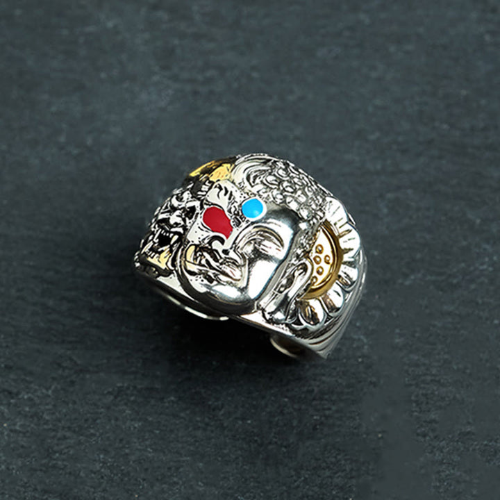 Ring Kupfer Lotusblüte Buddha Kopf rote blaue Steine elegant