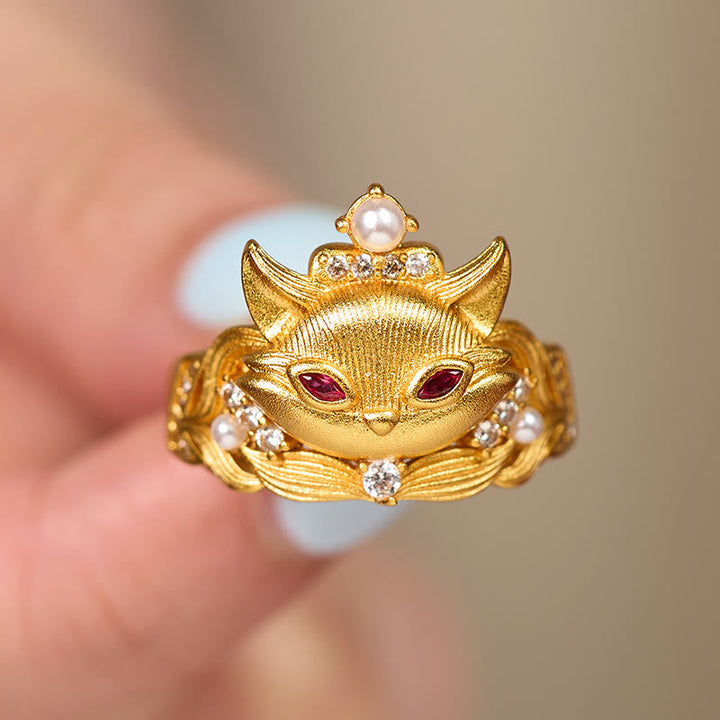 Ring Vergoldetes Messing Fuchskopf mit Perlen Diamanten Rubinen