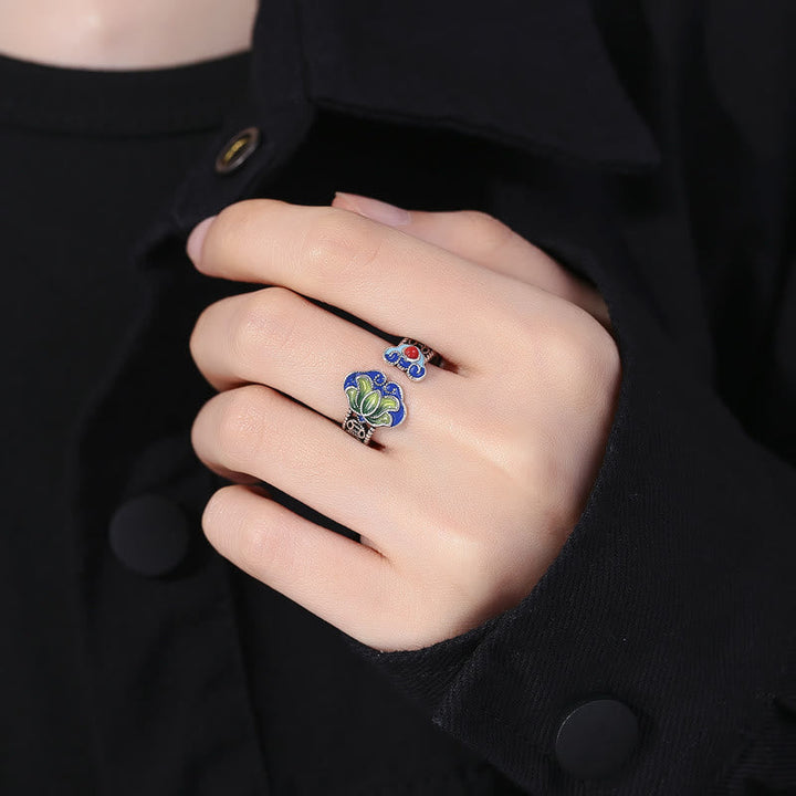Bunte emaillierte Kupfer Ringe mit Lotus Münzen Motiven Fingerring Set