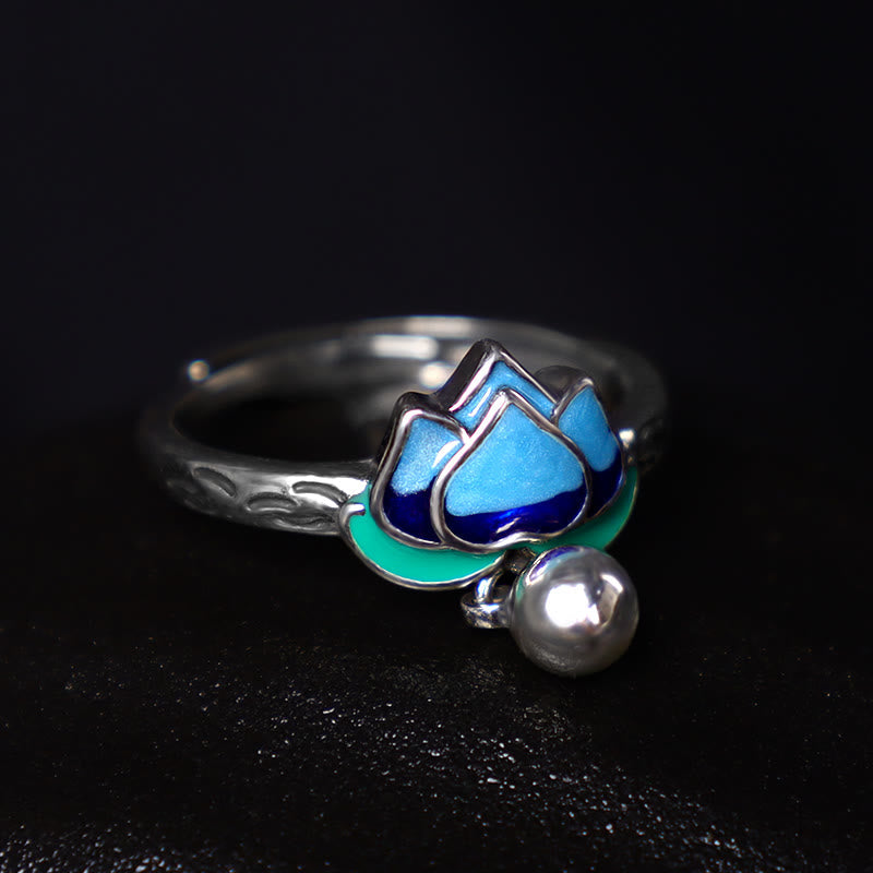 Lotus Ring aus Silber mit Blau Grün und Perle Glück