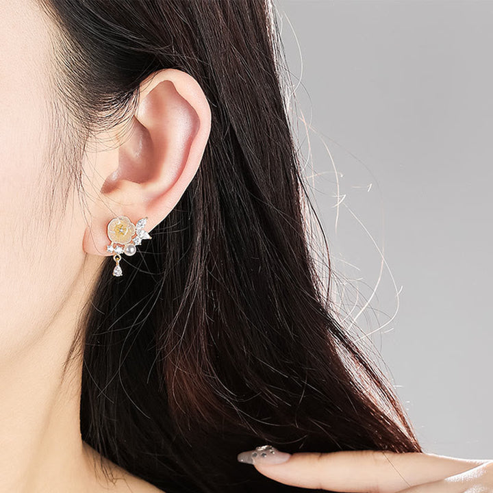 Ohrringe Kupfer Weiße Rose Zirkonia getragen Boho Schmuck spirituell Ohrhänger