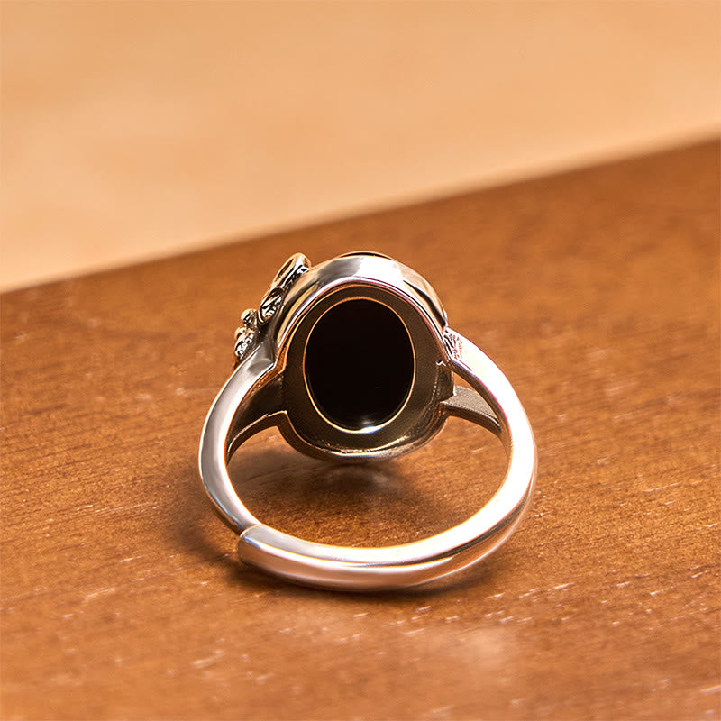 Silberring Kupfer Rosenblüte schwarzer Stein eleganter Fingerring