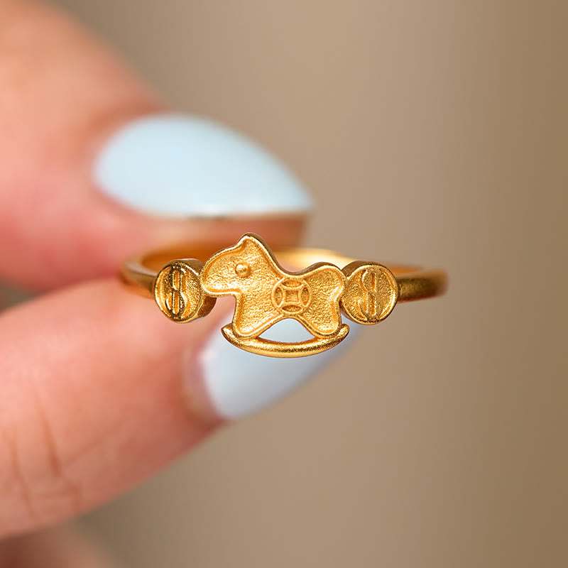 Vergoldeter Ring Pferd Pferdjahr Fengshui Kupfermünze Glück Design