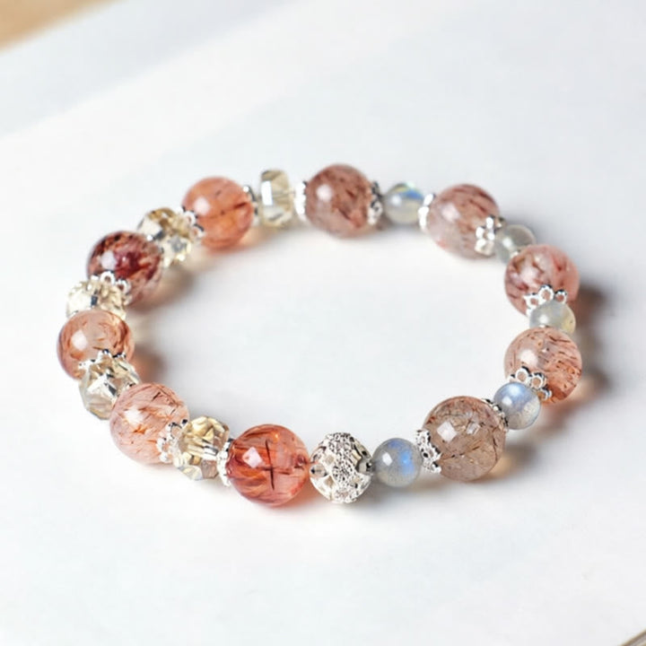 Armband Aquamarin Kristall – Frieden mit Rutilquarz Mondstein Silberperlen Handgelenk Schmuck
