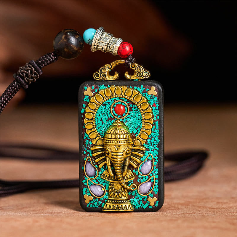 Tibetische Kette Ebenholz Ganesha – Frieden Ornament Anhänger Türkis Gold Stein