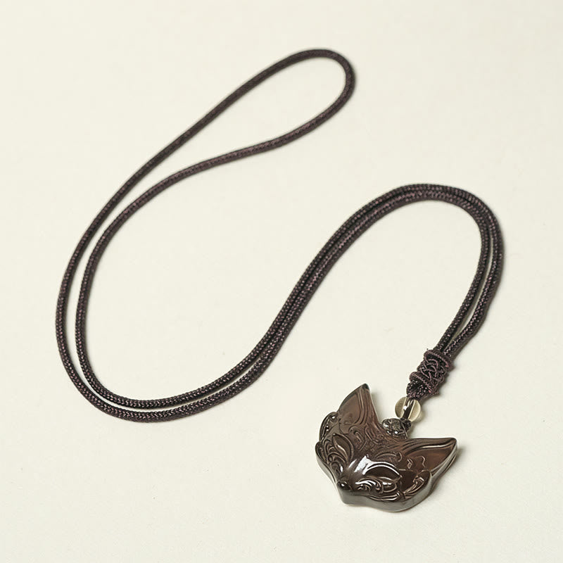Schwarze Obsidian Kette mit Fuchs-Relief Anhänger für Schutz