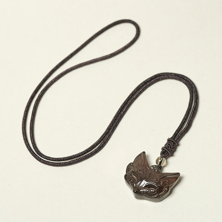 Schwarze Obsidian Kette mit Fuchs-Relief Anhänger für Schutz