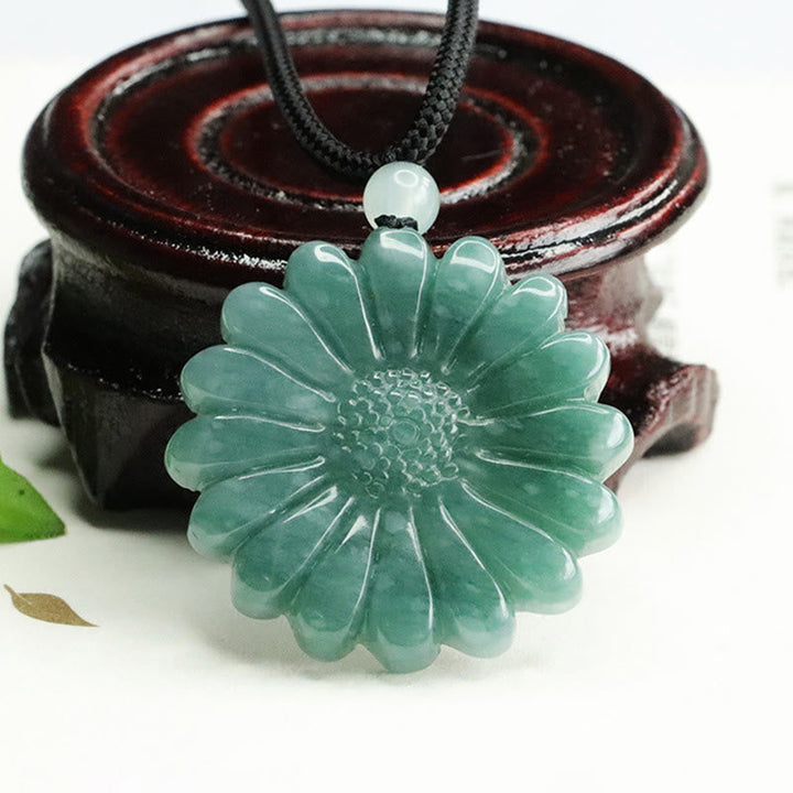 Jadeit Sonnenblume Kette Fülle grüner Anhänger Naturstein schwarzer Cord