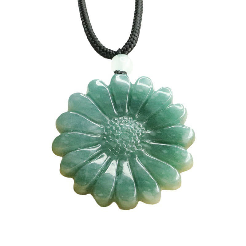 Kette Jadeit Sonnenblume Fülle grüner Stein Anhänger schwarze Schnur