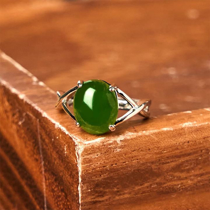 Echter Jade Ring Fülle grüner Stein Silberfassung Fengshui Glück