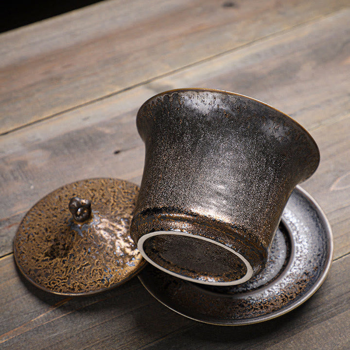 Gaiwan Keramik Sancai Rost Glasur Vintage Deko