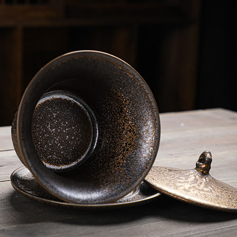 Gaiwan Keramik Sancai Rost Glasur Vintage Handarbeit
