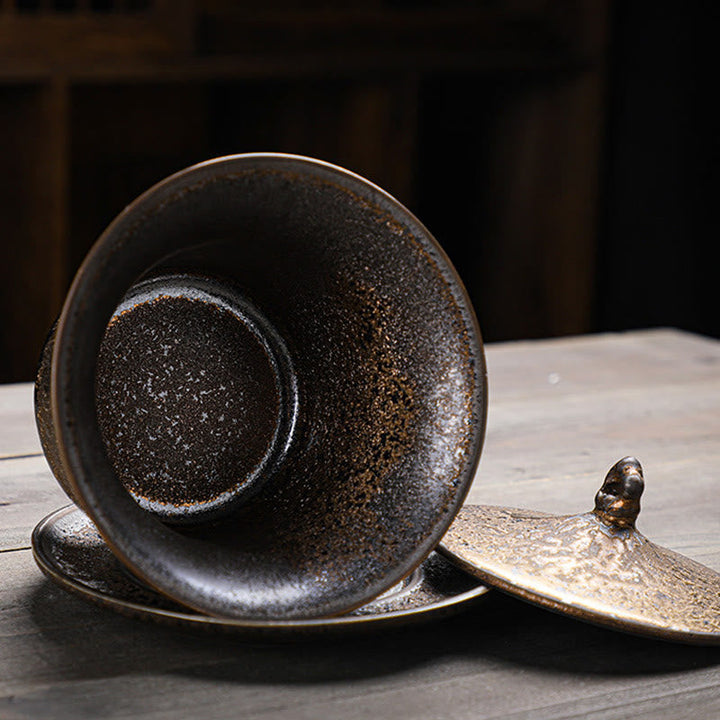 Gaiwan Keramik Sancai Rost Glasur Vintage Handarbeit