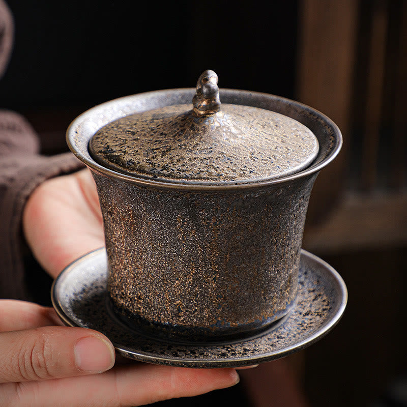 Gaiwan Keramik Sancai Rost Glasur Vintage Porzellan