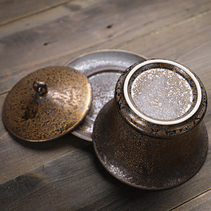 Gaiwan Keramik Sancai Rost Glasur Vintage Teezeremonie