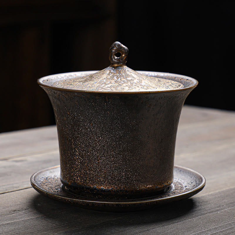 Gaiwan Keramik Sancai Rost Glasur Vintage