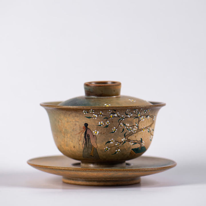 Gaiwan Porzellan Hanfu Mädchen Sancai Blüten Handarbeit