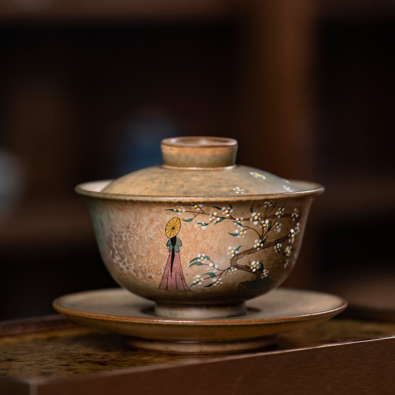 Gaiwan Porzellan Hanfu Mädchen Sancai Blüten