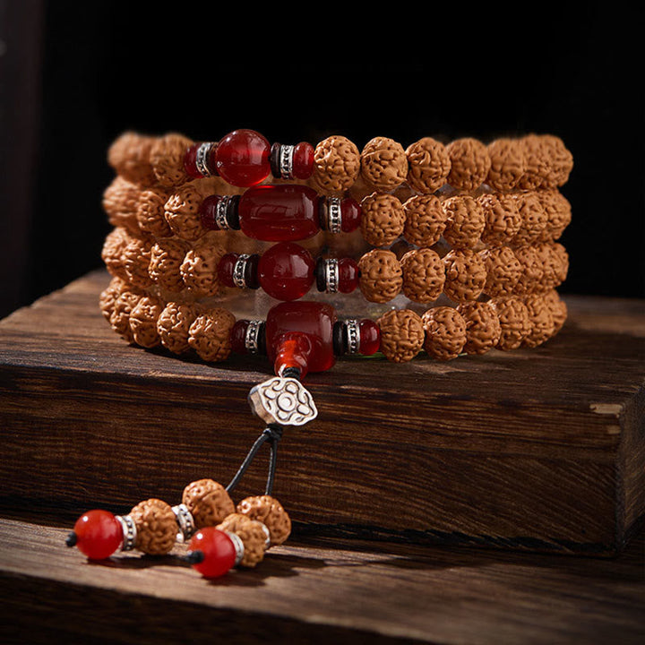 Armband Bodhi-Samen Dzi-Perle – Glück mit roten Achat-Perlen auf Holz