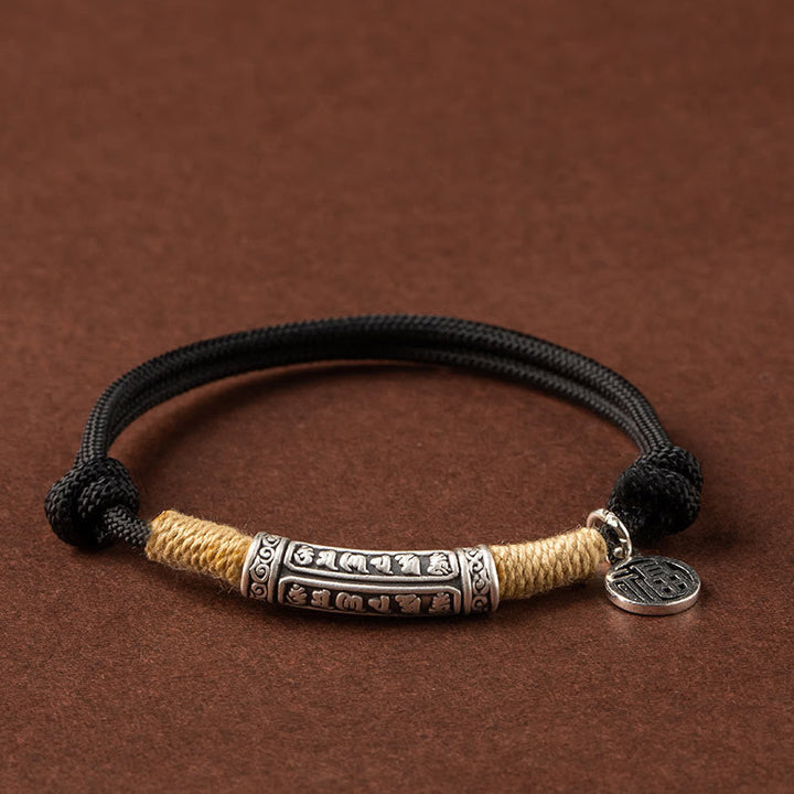 Armband 925 Silber Om Mani Padme Hum Glück Energie schwarz geflochten