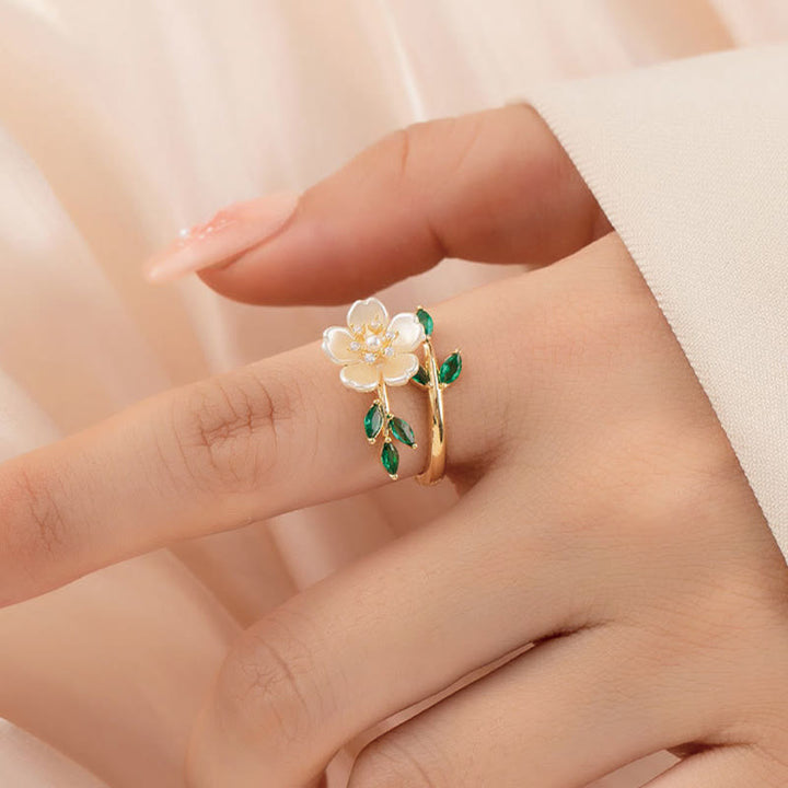 Ring Perle Zirkonia Blume grüne Blätter Emerald Glück Wohlstand