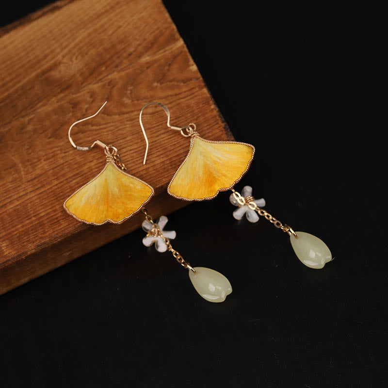 Ohrringe Ginkgo Kupfer Seide – Glück gelbe Blatt Ohrhänger Boho Schmuck