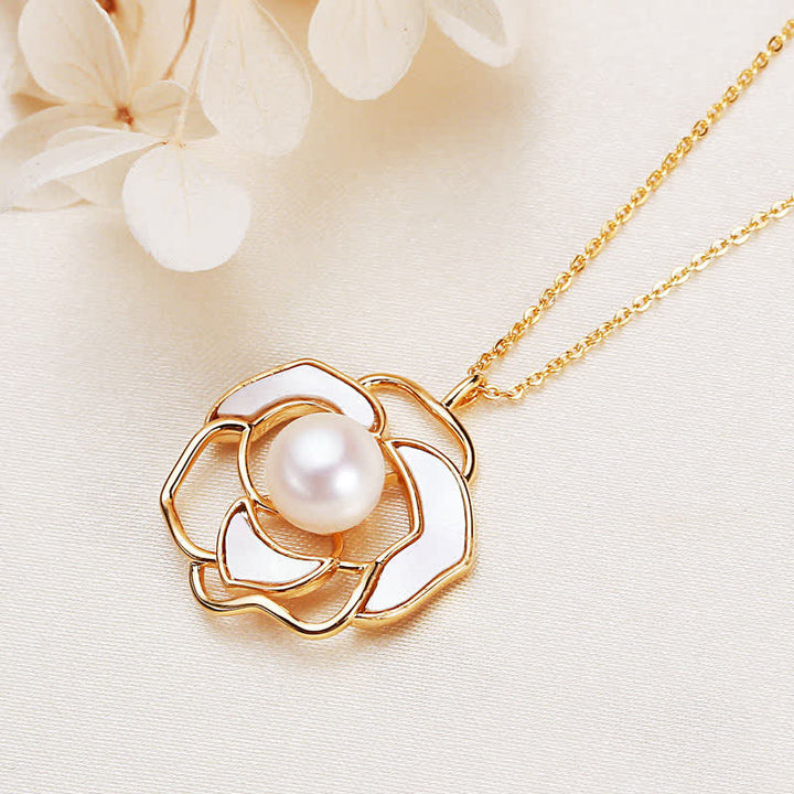 Kamelie Anhänger Gold Perle Blüte Halskette Schmuck Glück elegant