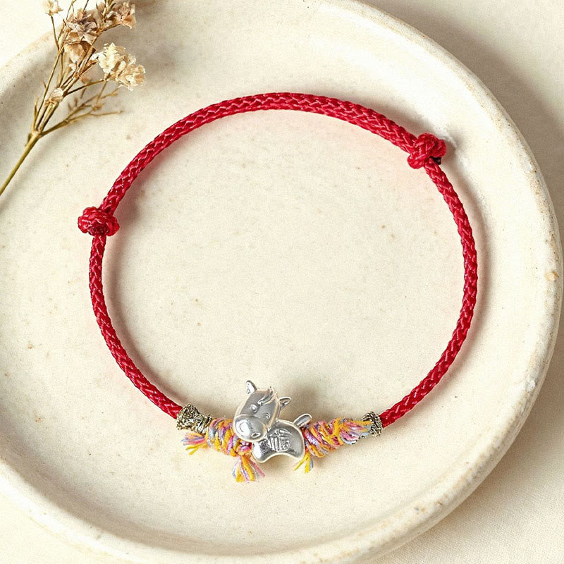 Armband 925 Silber Fu-Zeichen Jahr Des Pferdes Glück rote Kordel